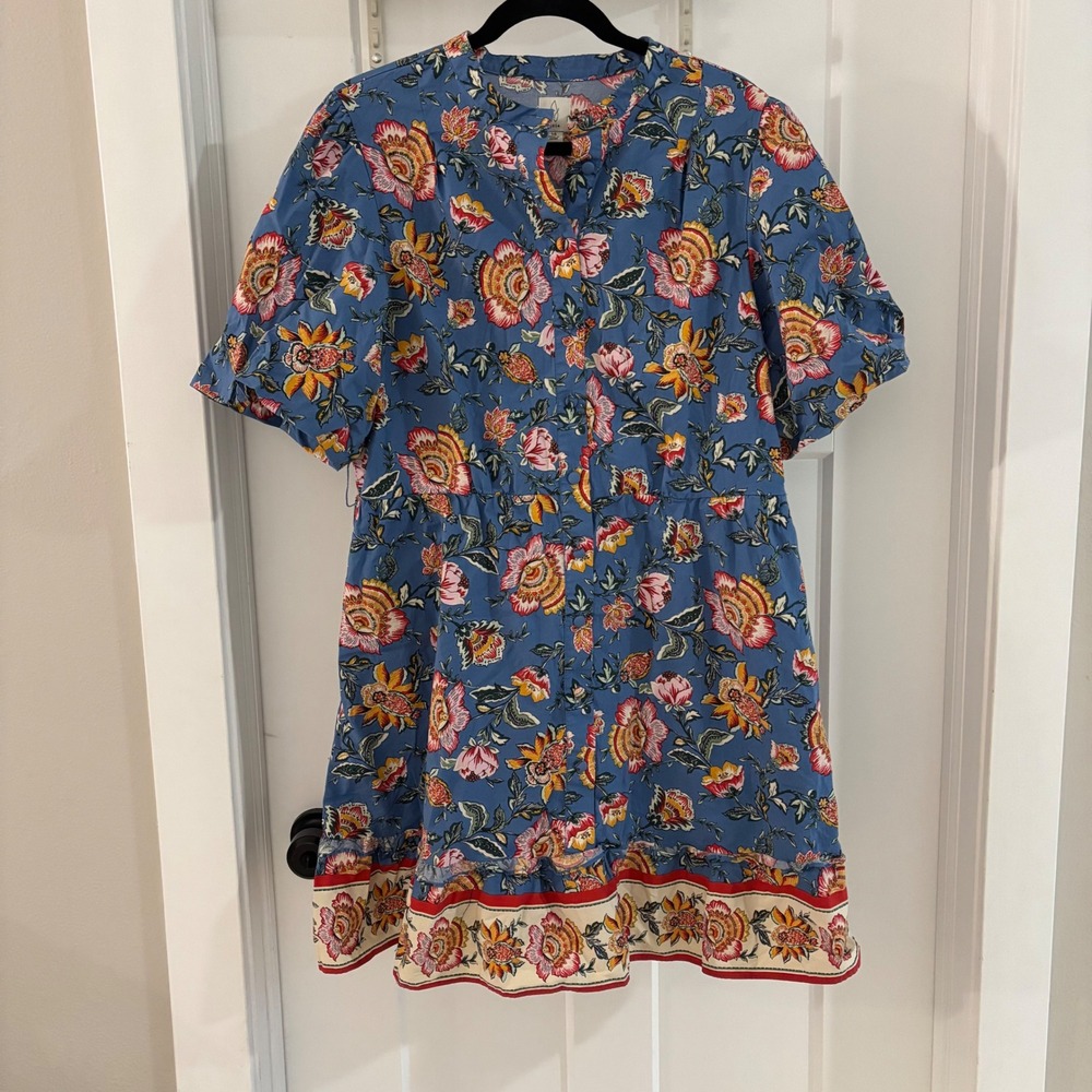 Joie Blue Floral Print Ruffle Sleeve Tiered Cotton Mini Dress Pockets Size 14